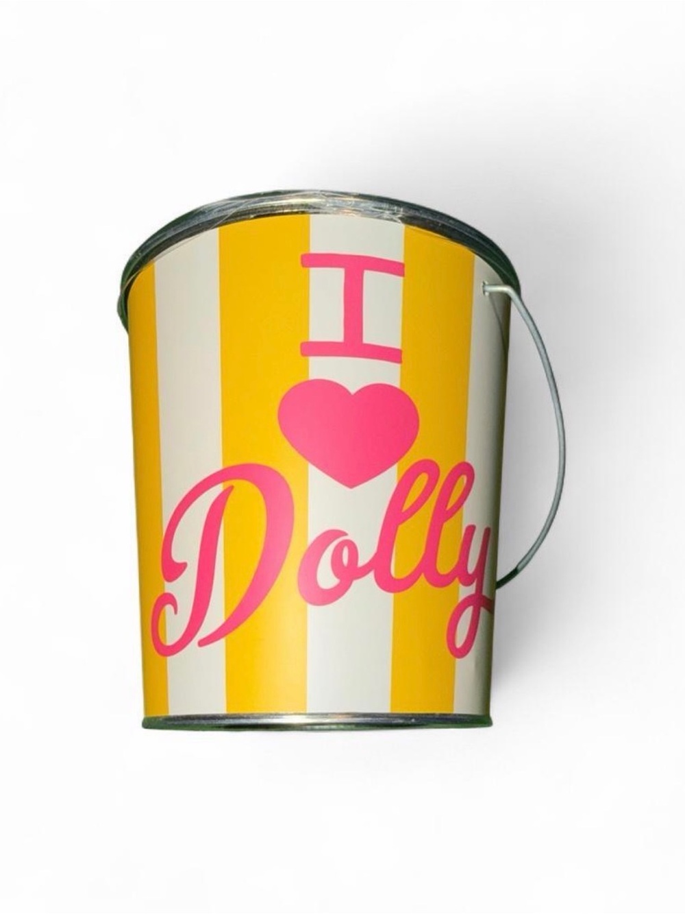 Dolly Parton yellow and white striped citronella bucket candle